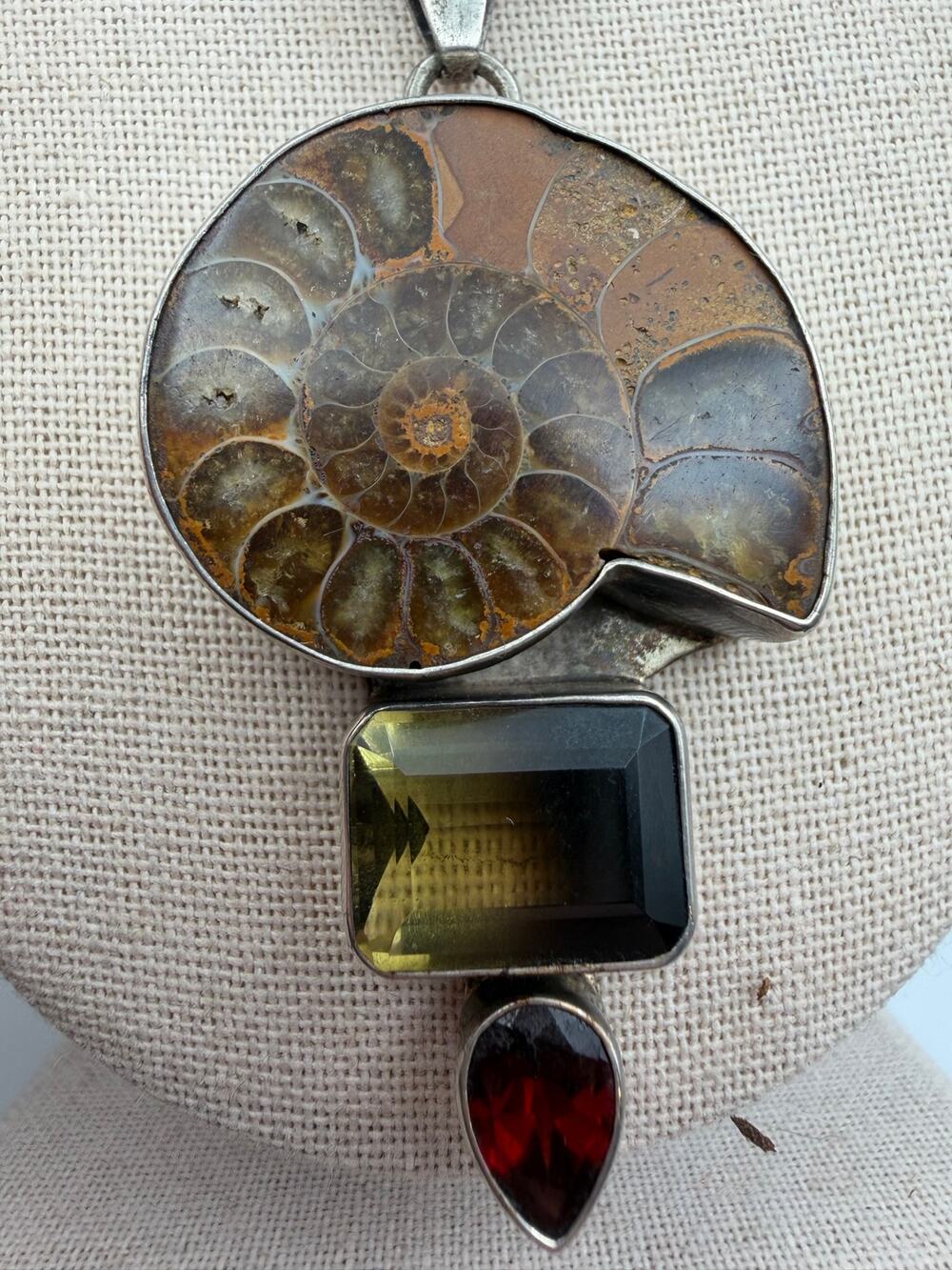 Charles Albert Sterling Silver 925 Ammonite Fossil- Smoky Green Quartz- Garnet
